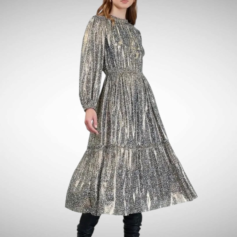 Current Air Gold Metallic Floral Midi Dress Brown Size M